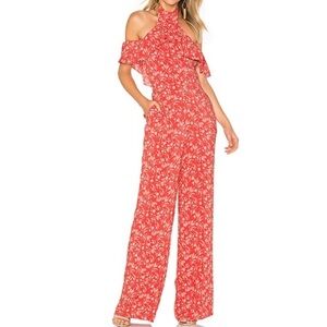 Ale by Alessandra Elegant Red Floral Women's Jumpsuit ruffle neckline size large